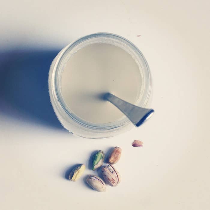 Y'all, who are pistachios trying to kid here? GREEN milk? I don't think so, Dr. Seuss. Pistachios should stay where they belong (aka maybe just in ice cream or in commercials with random celebs).Level of Nutitude: Installing a webcam in your apartment so you can watch your cat all day at work.