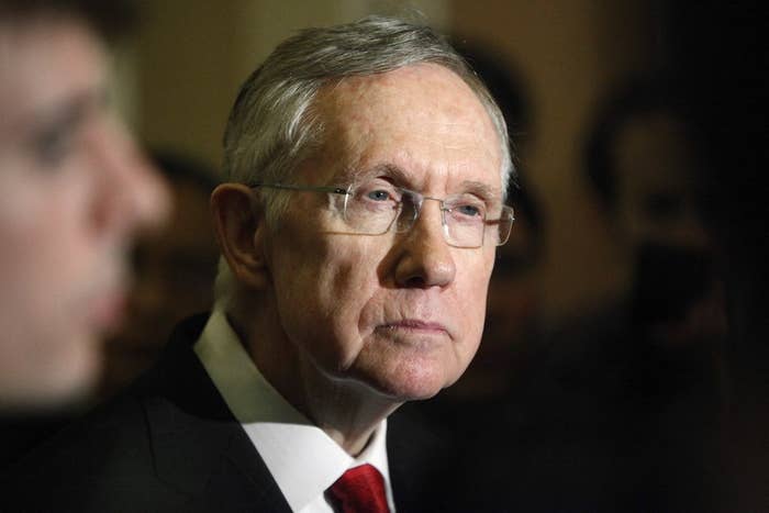 U.S. Senate Majority Leader Harry Reid (D-NV) answers questions from reporters after the weekly Republican caucus luncheon at the U.S. Capitol in Washington, March 11.