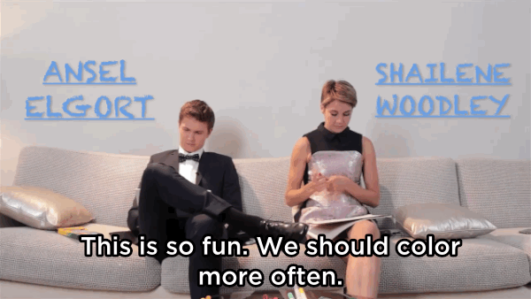 That's Ansel Elgort and Shailene Woodley with some markers and a notepad.