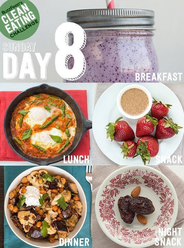 Start Sunday with a delicious blueberry yogurt smoothie then have shakshuka for brunch. Click here for Day 8 recipes and instructions.