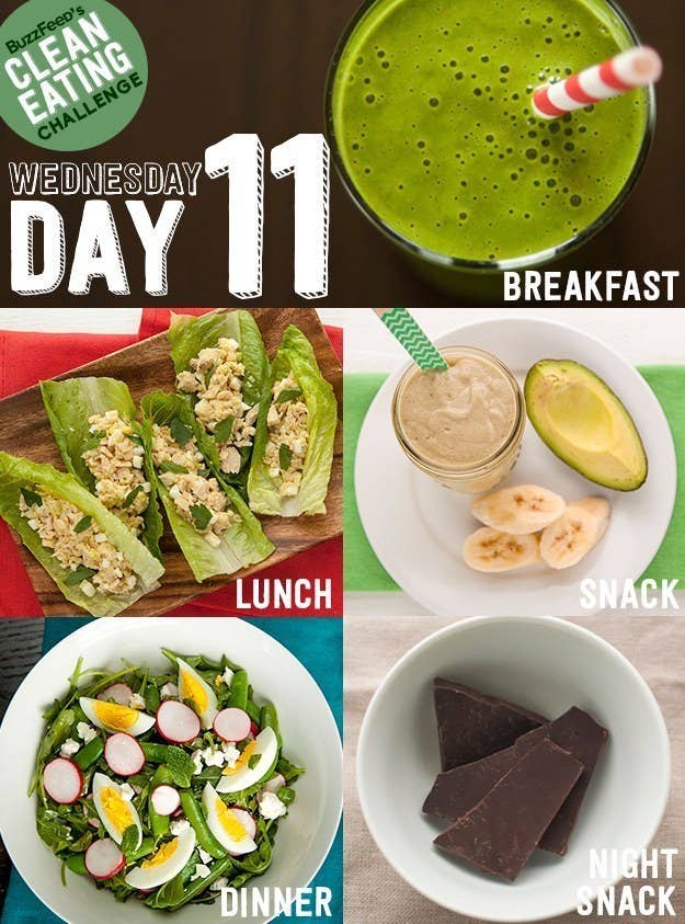 The avocado-banana pudding snack may not look pretty, but it tastes awesome. And for dinner you'll have a beautiful salad that's packed with colorful fresh produce and hard-boiled eggs you prepped the night before. Click here for Day 11 recipes and instructions.