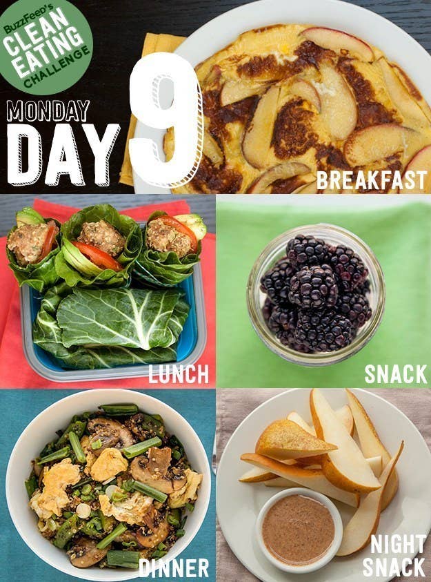 You might think an apple omelet sounds weird, but don't knock it till you made it because it rules. For lunch, your leftover turkey meatballs get turned into healthy collard green wraps with avocado and tomato. Click here for Day 9 recipes and instructions.