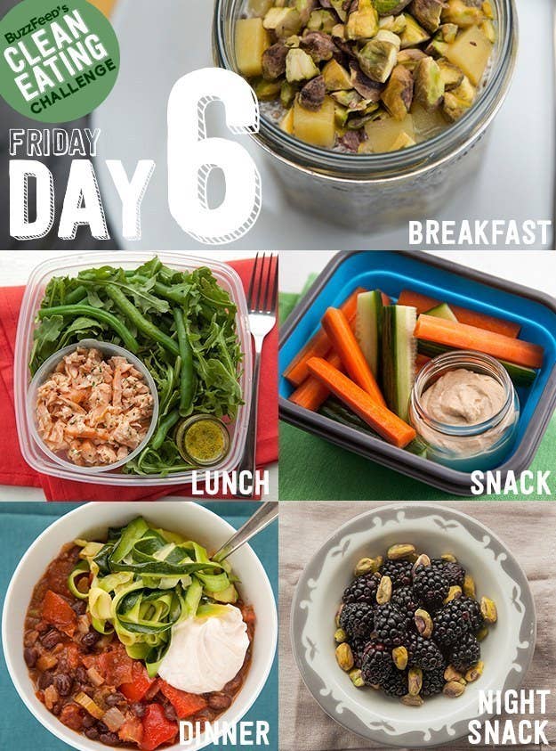 Breakfast today is a mango, pistachio, and chia seed pudding that you'll probably make again and again once the challenge is over. The vegetarian black bean chili dinner is also delicious and you'll freeze half of it to eat next week. Click here for Day 6 recipes and instructions.
