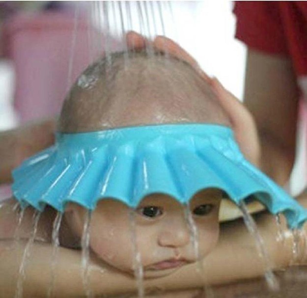 A baby shower cap is not only adorable, but it also helps to keep water out of their eyes.