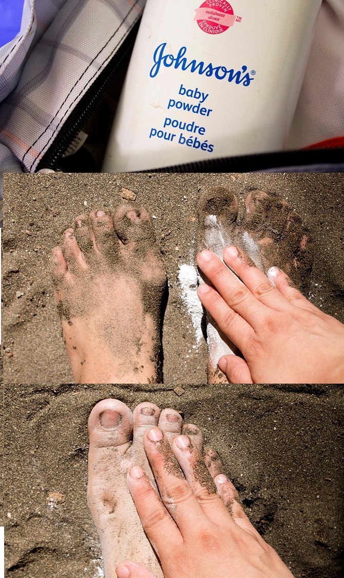 Most of us love spending summer at the beach, but not many enjoy the car ride home covered in that elusive sticky sand. Ehh, no thanks... Get the sand out of your cheeks and off your hands and feet super quick by simply rubbing a handful of baby powder on your skin! The dry powder tackles the wetness of the sand like Joe Namath tackles well... anything!Be generous with powder for best results, and to leave your skin clean, smooth, and sweet smelling!