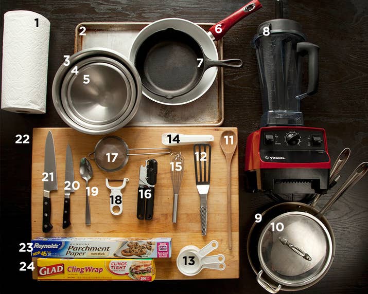 1) Paper towels2) Large rimmed baking sheet3) Large mixing bowl4) Medium mixing bowl5) Small mixing bowl6) Medium (at least 8-inch diameter) nonstick skillet7) Small (about 5-inch diameter) cast iron skillet (optional)8) Blender9) 12-inch skillet 10) Medium (at least 2 quart) sauce pan with lid11) Wooden spoon12) Metal spatula (optional)13) Measuring cups14) Measuring spoons15) Whisk16) Can opener17) Small fine mesh strainer18) Vegetable peeler19) Kitchen spoon20) Paring knife21) Chef's knife22) Cutting board23) Parchment paper24) Plastic wrapNot pictured: box grater (for carrots)