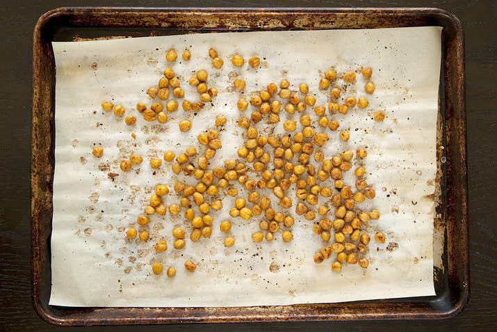 The chickpeas are done when they're golden brown, crispy, and slightly shriveled.