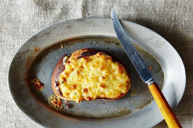 Cheese toast — simply a slice of toast topped with melted, just-browned cheese — will solve all your problems. For lunch, pair it with a big salad, and you can even call it a balanced meal. Get the recipe on Food52.