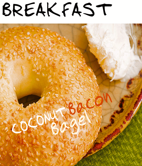 Coconut bacon is deliciously savory. Blend it into your favorite spread and eat it on the bagel of your choice.