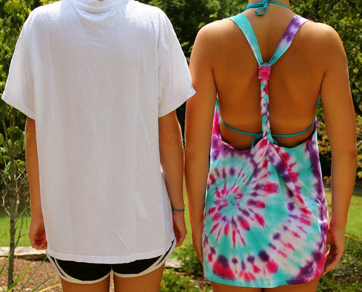 By tie-dying a big white shirt, and grabbing a pair of scissors, you can make this cheap and easy coverup.