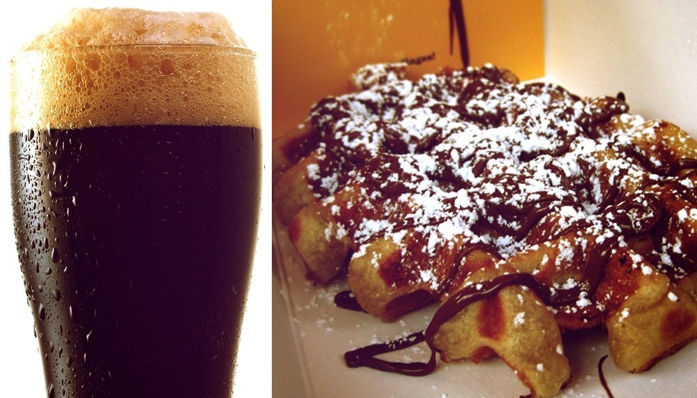 At NYC food truck Wafels & Dinges, you can get your hands on a fluffy Belgian waffle served with a layer of Speculoos (cookie-flavored spread). Nothing will complement it better than a glass of dark porter beer; it's a perfect match for sweet, nutty flavors.