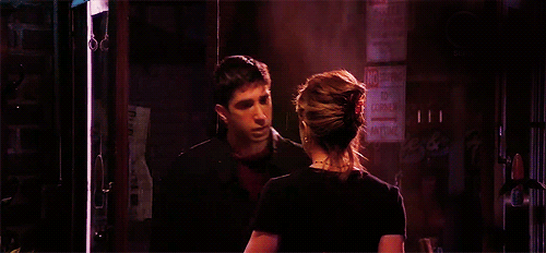 Reasoning: Ross and Rachel finally confront their feelings at Central Perk... Ross and Rachel are both pretty upset... Ross walks back to the coffee house, and looks at Rachel through the door... they gravitate toward each other, and finally embrace. ROSS AND RACHEL'S FIRST KISS! YAY.