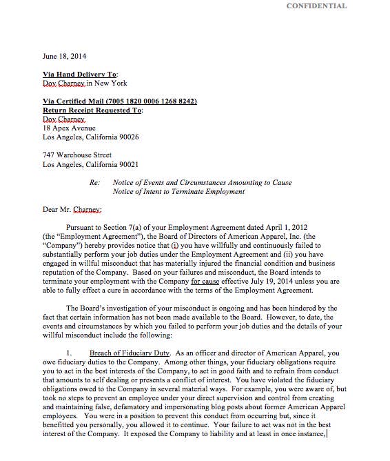 Exclusive Read Ousted American Apparel Ceo Dov Charney S Termination Letter