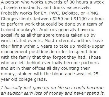 Related words: accountant, big 4, cpa, clipboarder, tax, slavery