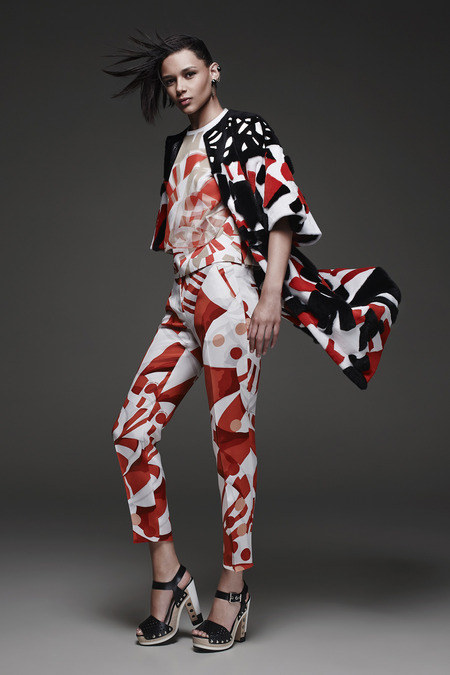 Leather and orange-plush abstract shapes take the collection to glam extremes.