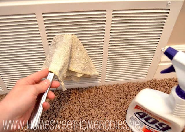 Air vents are often narrow, hard-to-reach spots when it comes to cleaning. A great tool to get in there sits right in your kitchen drawer. Grab a knife, wrap a small cloth around it and spray a little cleaning solution on it. Slide the knife in between the slates and run it from one end to the other. Remember to adjust the rag to ensure you are wiping with a clean part and not one already covered in soot.
