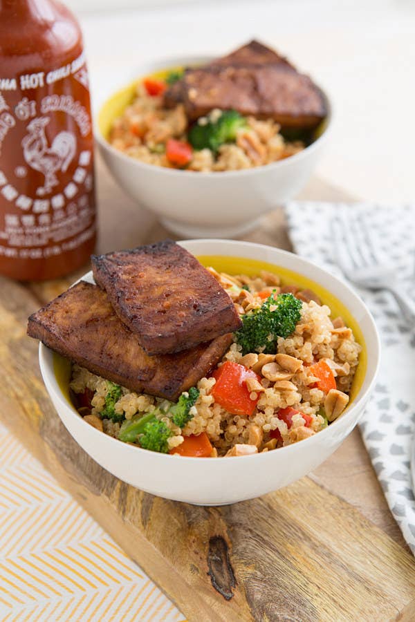 Quinoa, peanut butter, tofu and broccoli all in one protein-packed bowl. Recipe here.
