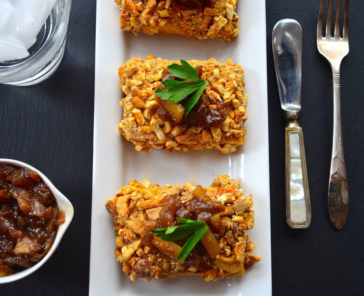 This entrée isn't just pretty to look at: The tofu, cashews, and whole wheat flour mean it has more than 20g of protein in each serving. Recipe here.
