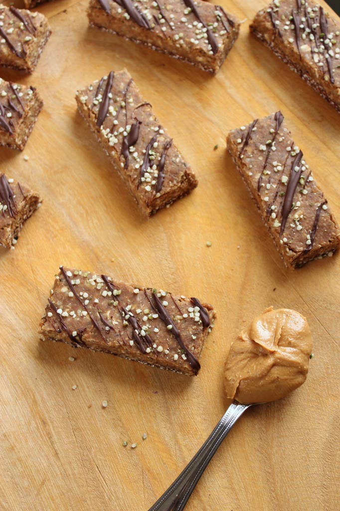 Cut these on-the-go breakfast bars according to the recipe and you'll get 10 with 16g/protein each. Or cut them into 8 bars and get 20g each. The choice is yours. Recipe here.