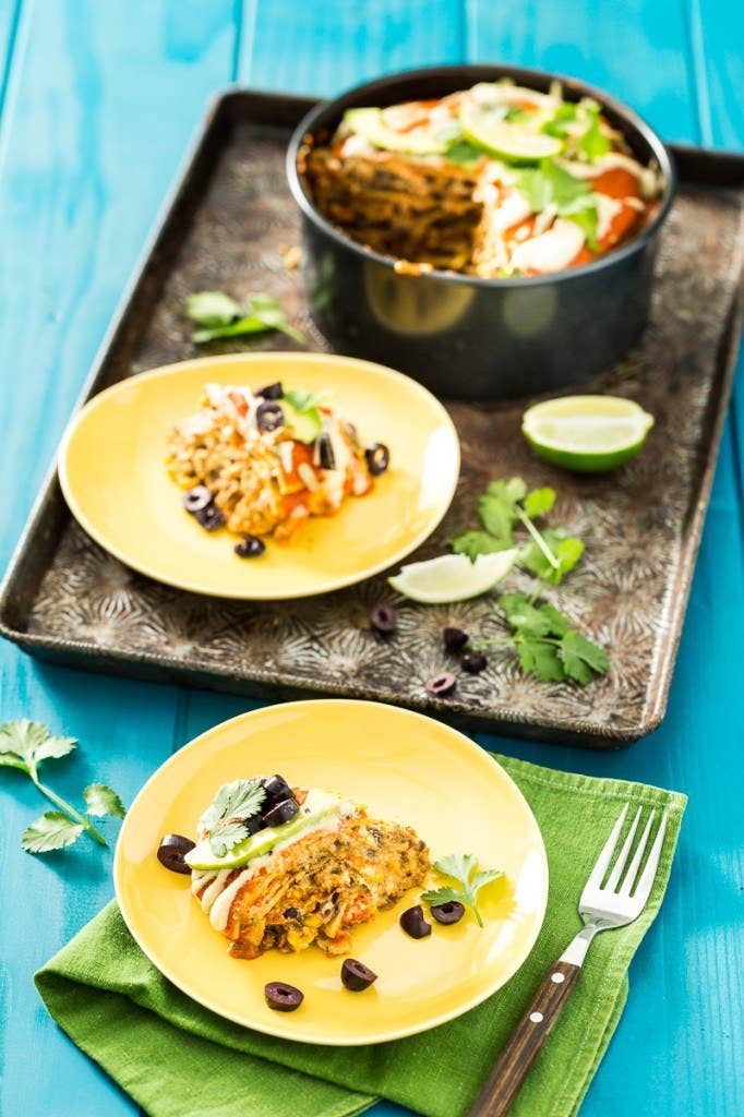 Between the cashews, black beans, veggie crumbles, and corn, this dish is like a vegan protein dream, with at least 20 grams of protein in each serving, depending on portion size. Recipe here.