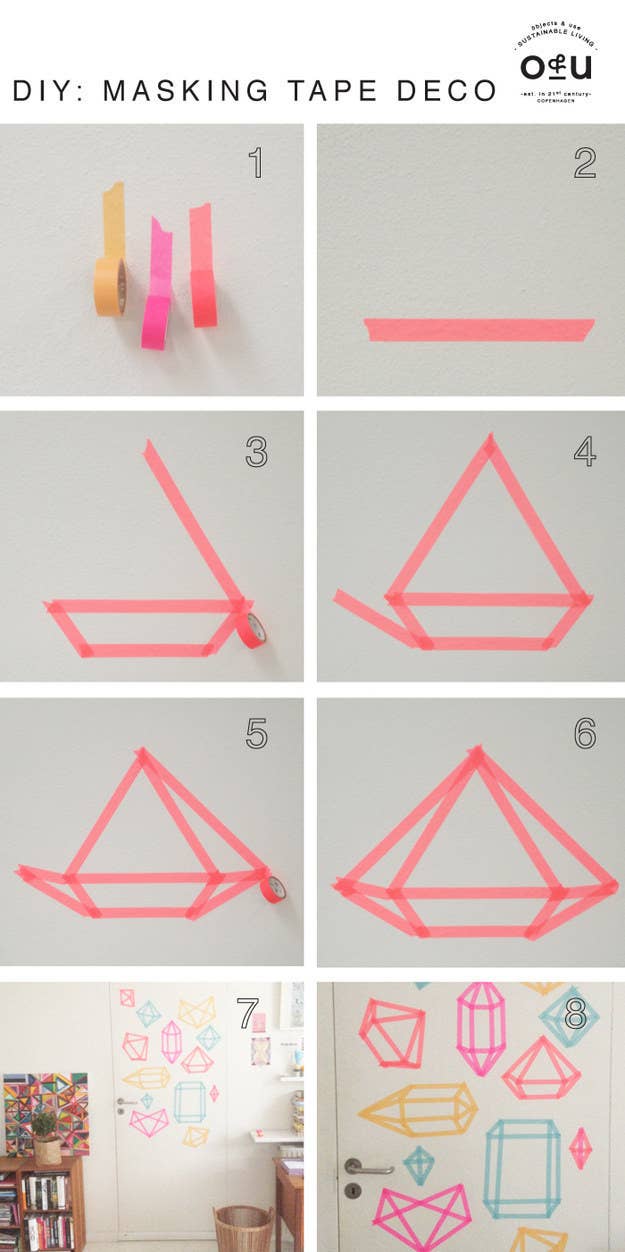 Washi tape (colored paper tape) is your new best friend when it comes to dorm decorating. Like painter’s tape, it removes without residue, meaning it’s perfect for temporary decoration.