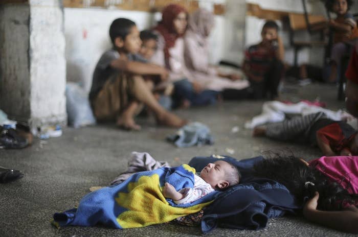 Palestinian children, who fled their families, take shelter in a U.N. school this week.