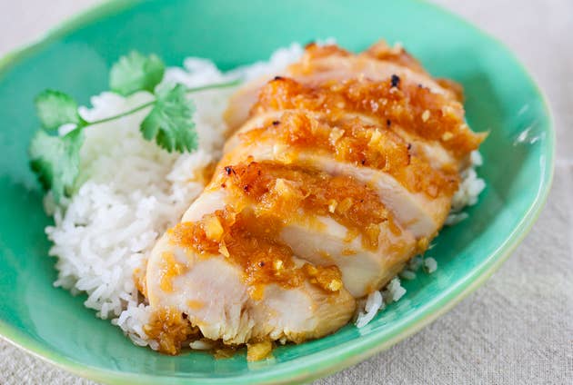 The chicken is marinated in an easy DIY teriyaki sauce — crushed pineapple, soy sauce, honey, ginger, and garlic — for as short as 30 minutes, or as long as overnight. Get the recipe.