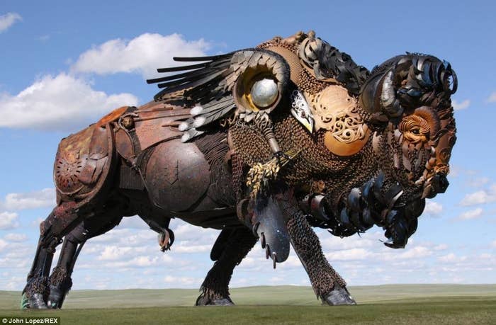 John Lopez, 43, is an American sculpture who began experimenting with scrap sculptures after his aunts death. Living in a farm in the small town of Lemmon, North Dakota, there was already enough abandoned machinery around him to spark his inspiration to mold them together in fantastic, full size animal sculptures.