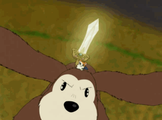 A hamster wielding a glowing sword while riding a flying dog. What's not to love?