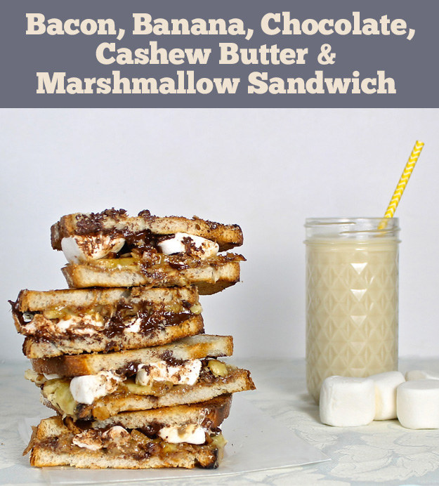 Forget PB&J! It's time to pull out the big guns. Inspired by Elvis' sandwich of choice, this rendition marries salty and sweet in the best way possible with bacon, marshmallow, cashew butter, banana, and chocolate. Never be in a bad mood again!
