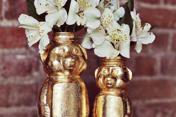 You could get a similar look with gold spray paint. Get the directions here.