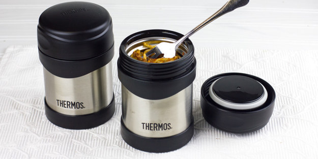 Heat up soup or pasta in the morning and pack it in a thermos to stay warm.