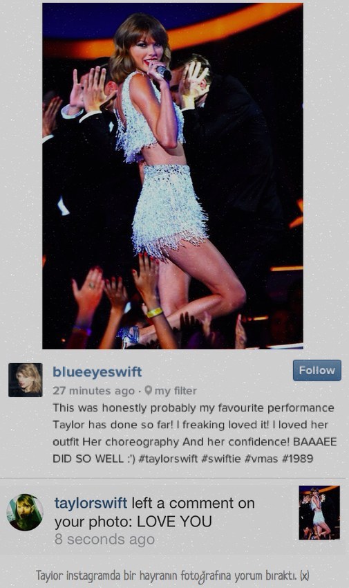 Caring comments. Even during the VMAs, Taylor finds time to send shout-outs to the ones who love her most.