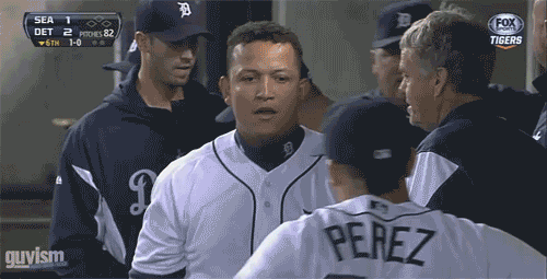 Miguel Cabrera is a dugout handshake master.
