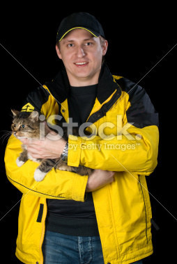 There are some pictures of totally regular dudes ready to go out. But they must say farewell to their cat first, like "Man With His Beloved Cat".