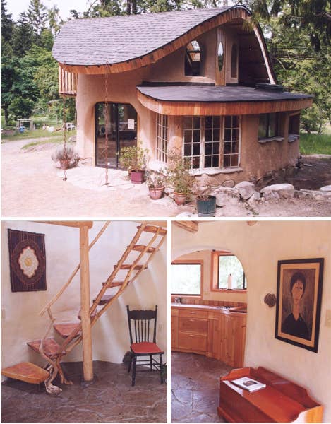 This cob house juxtaposes earthen building materials with modern prefab windows.