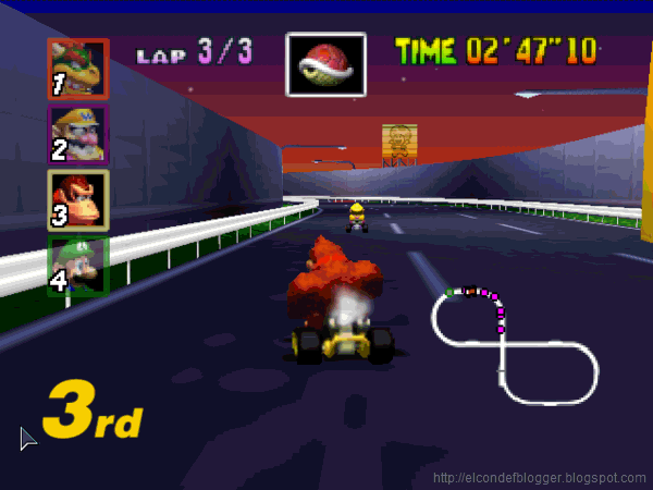 Look at that precision, that finesse. That's what you'll get with the red shell. It aims for the nearest opponent and BAMMMM, you got 'em. You can even aim it to hit your friend behind you by holding the joystick down when pressing Z. (Same goes for the single green shell, but good luck with that.)