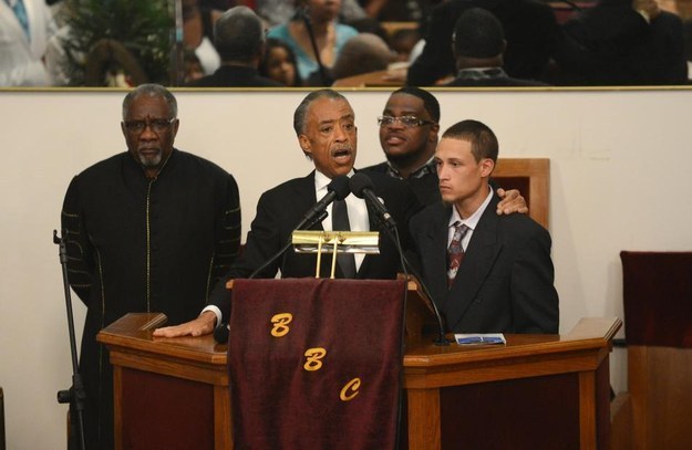 The Rev. Al Sharpton introduces Ramsey Orta at the funeral of Eric Garner at Bethel Baptist Church in Brooklyn on Wednesday, July 23.