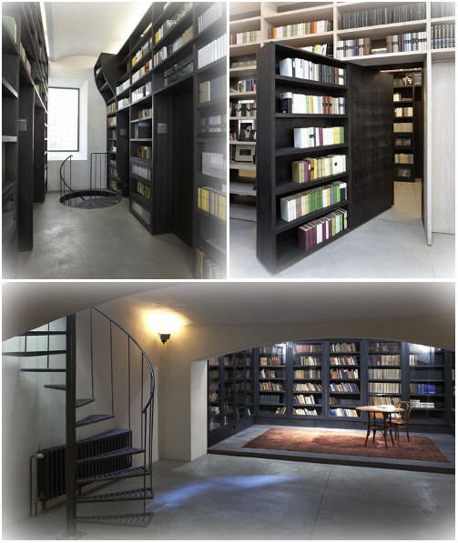 Oooooh...I'd love to peek behind the rotating hidden door bookcase at the Franz Kafka Society in Prague.Students and researchers can come to use the library, part of which is tucked behind the rotating bookcase door.
