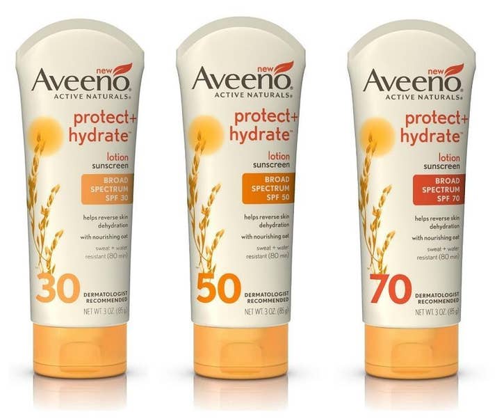 I use Aveeno Protect + Hydrate SPF 50 on my face, and 30 on my body every morning. It smells like yummy lotion!