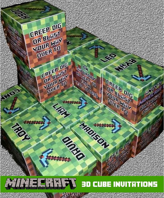 MINECRAFT 3D INVITATION. MINECRAFT CUBE INVITATION BIRTHDAY PARTY