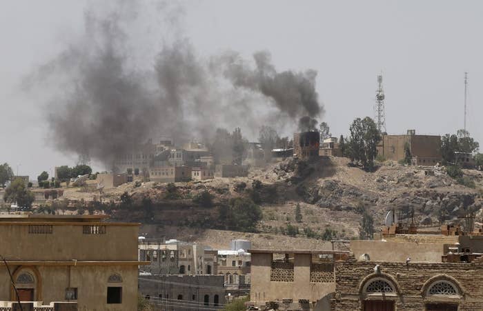 Smoke rises from the headquarters of the Yemeni state television following an attack on it over the weekend.