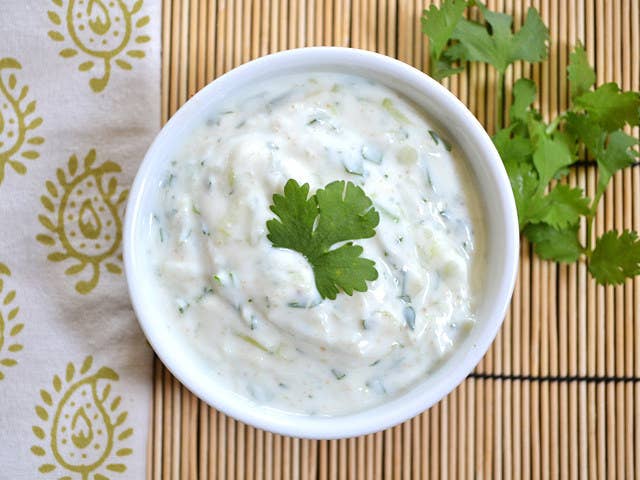 Raita is your best friend if you're having Indian food for the first time. Not exactly sure how spicy your dish is going to be? Think you might not be able to handle it? Have no fear. Raita's got your back. This cooling cucumber-mint yogurt sauce will dial down the heat if things get too hot.Try making it at home with the recipe here.