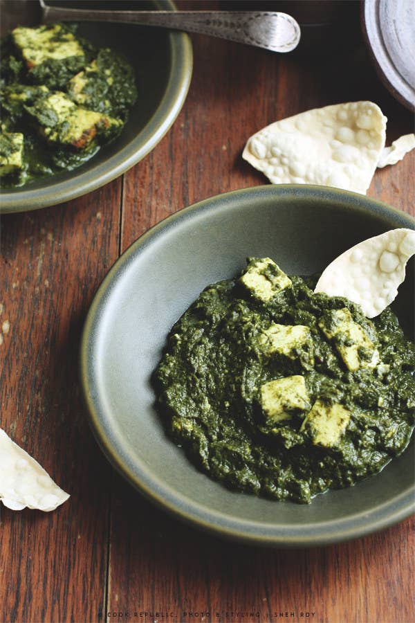 Palak paneer is what Popeye would eat if he ate Indian food. It's cooked spinach with a soft, fresh white cheese called paneer, and it's amazing. You might also know this dish as saag paneer. "Palak" is the Hindi word for spinich, while "saag" means greens, so the two terms are somewhat overlapping. Try making it at home with the recipe here.