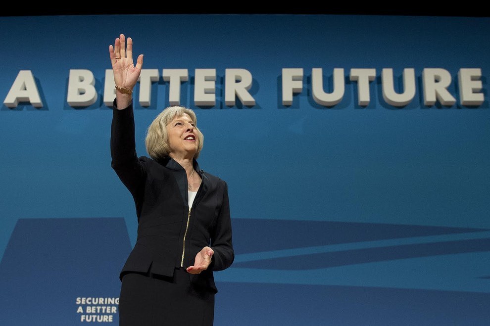 Home secretary Theresa May finished her speech to the Conservative party conference by holding her hand up to the audience. Unfortunately, in the process she accidentally rewrote the Conservatives&#39; "Better Future" slogan.