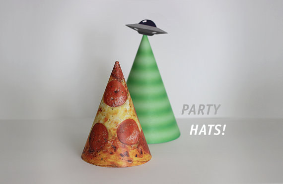 Download, print, and assemble your pizza party hat from this Etsy site.