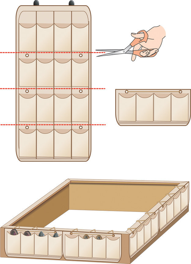 Diagram demonstrating how to cut up a shoe organizer and attaching it to the bottom of a bed