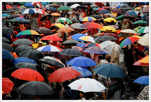 Navigating the minefield of average height people with their umbrellas when it rains.