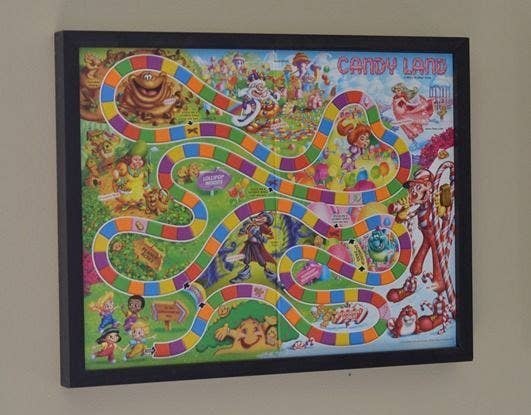 Bonus: Game pieces are stored in a ziplock on the back of the frame making this storage hack both pretty and practical.