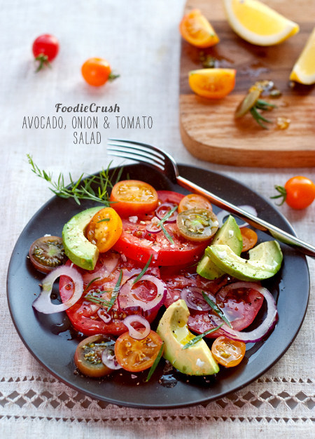 Avocado + tomato + onion + olive oil + tarragon. Get the recipe here.